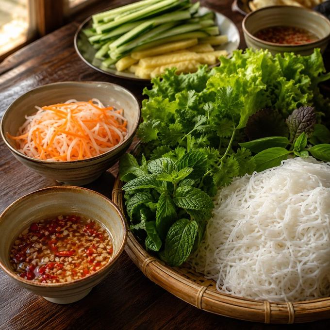 Fresh herbs, rice noodles and table spread