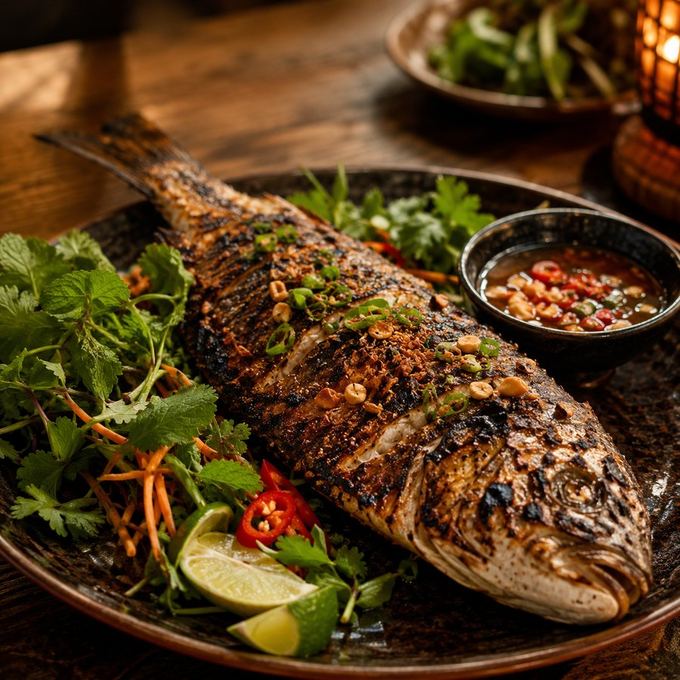 Whole grilled fish with fresh herbs and dipping sauce