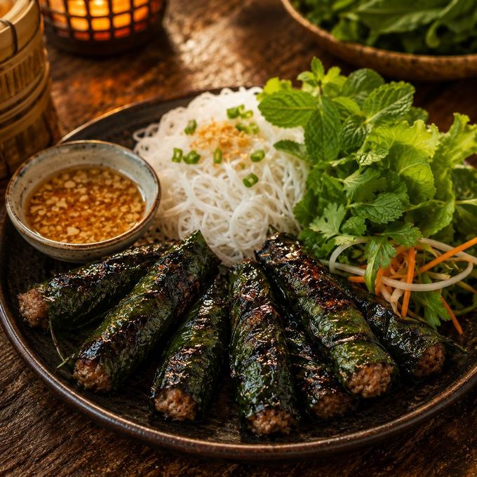 Grilled beef wrapped in betel leaf with rice vermicelli and herbs