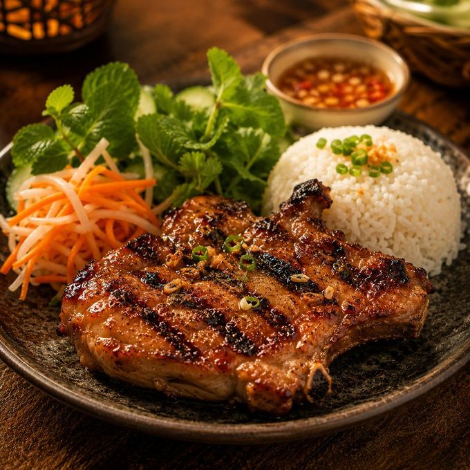 Grilled pork chop with rice and pickled vegetables