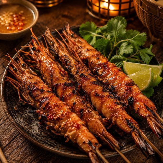 Char-grilled prawn skewers with lime and herbs