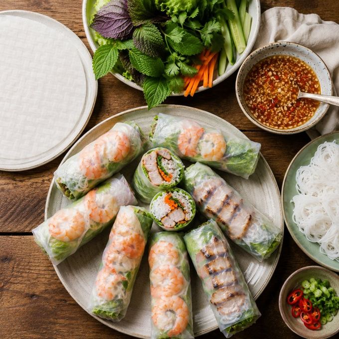 Fresh rice paper rolls with prawns, herbs and vermicelli