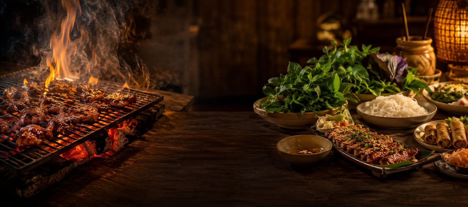 Meat grilling over open charcoal fire beside a fresh table spread