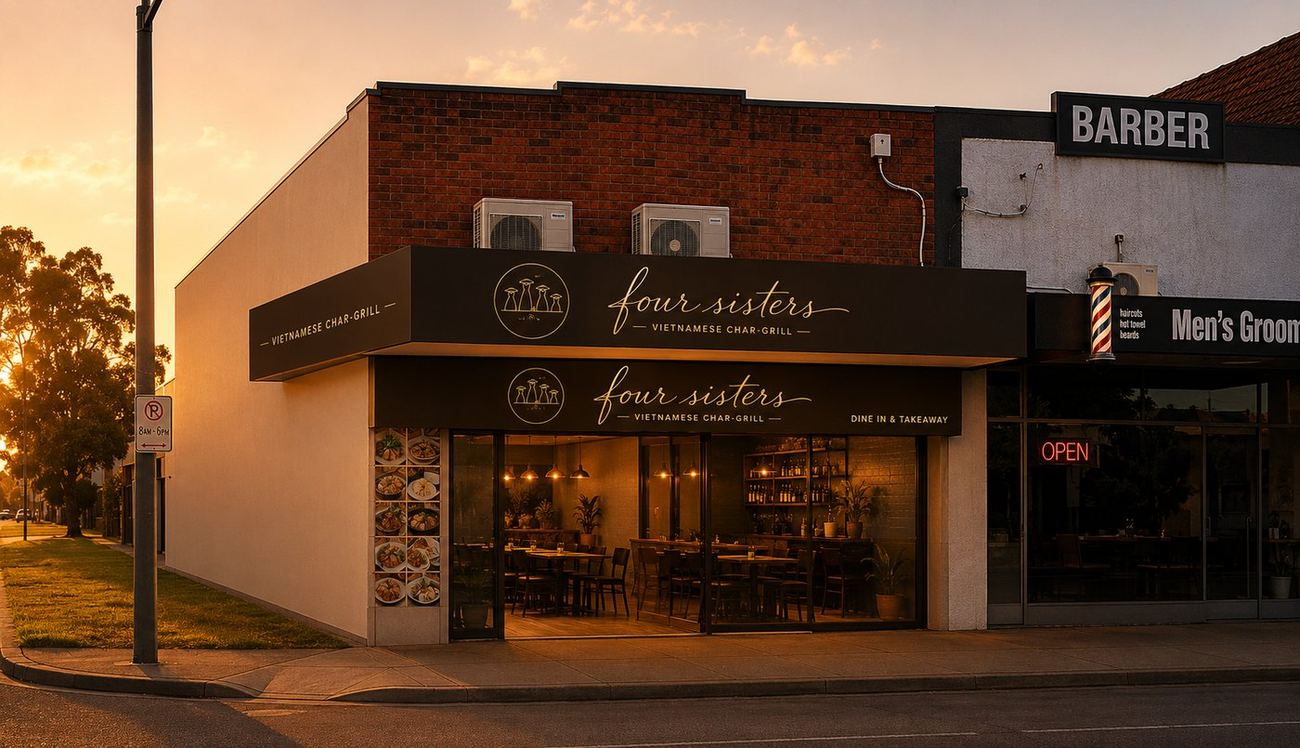 Four Sisters storefront at dusk, signage lit
